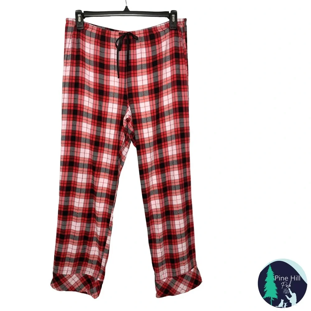 SOLD Victorias Secret Pajama Pants Large Flannel Red Black Plaid Wide Leg EUC - Picture 3 of 10
